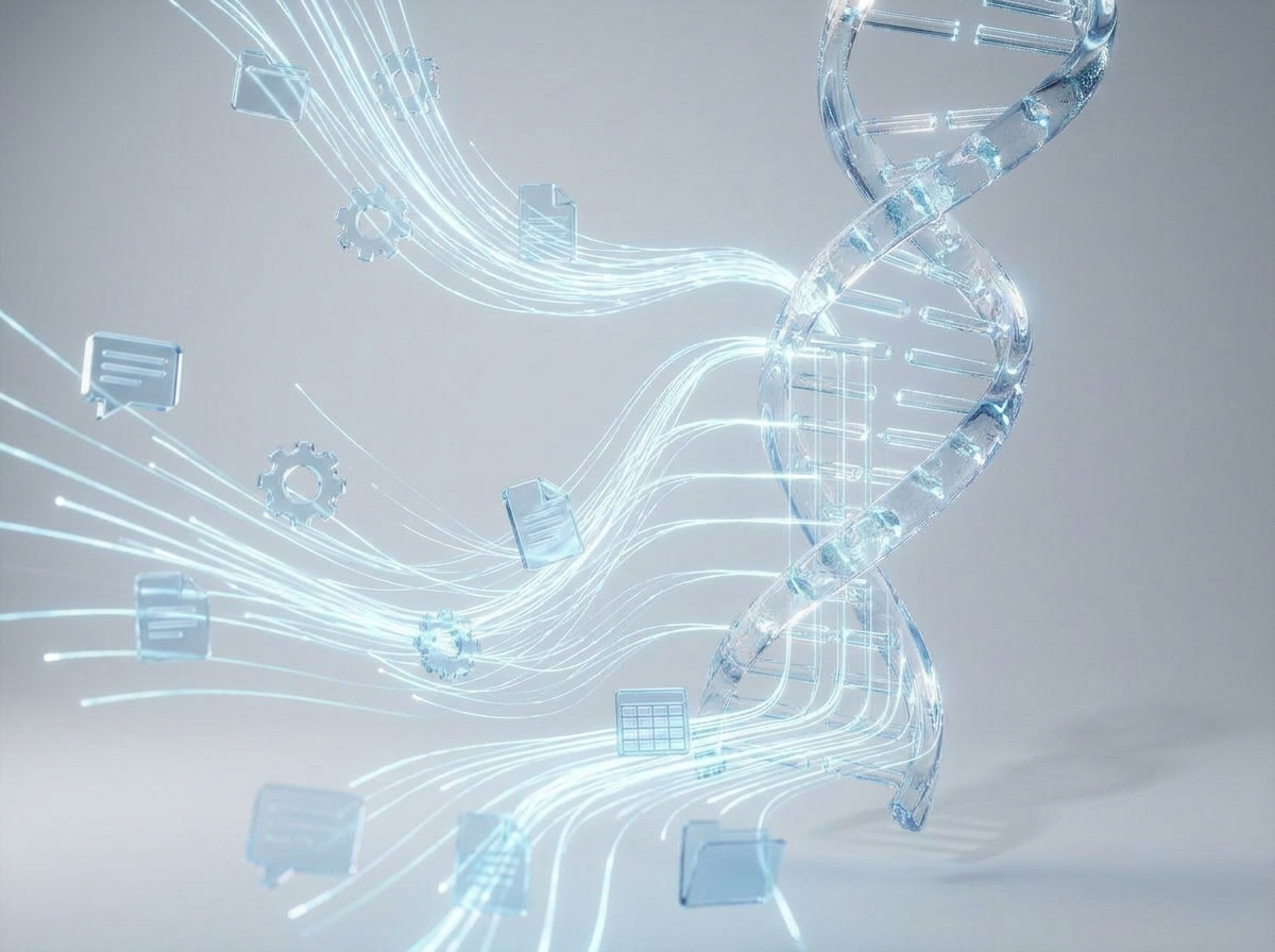 Glass icons for a company's tools and data streaming together into a translucent double helix